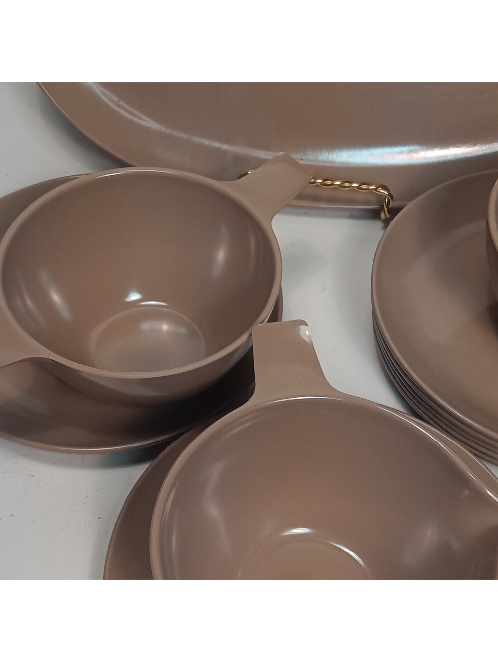 VTG Boontonware Melmac Taupe Brown 11 Pc Set Platter Creamer Sugar Cup 7 Saucers